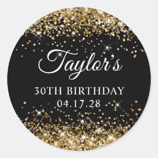 Gold Glitter and Black 30th Birthday Classic Round Sticker