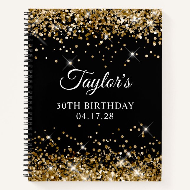 Gold Glitter and Black 30th Birthday Notebook (Front)