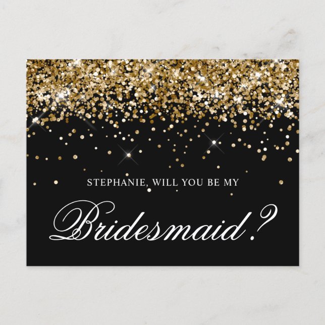 Gold Glitter and Black Bridesmaid Proposal Postcard (Front)