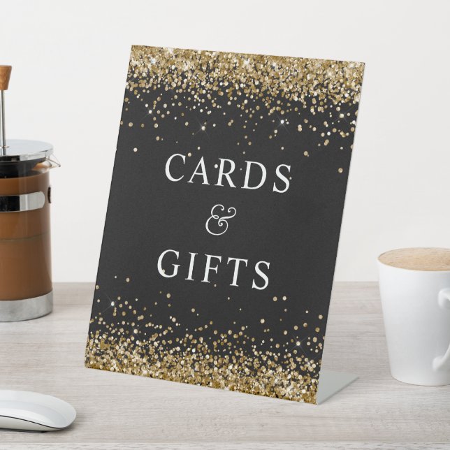 Gold Glitter and Black Cards & Gifts Pedestal Sign (In SItu)