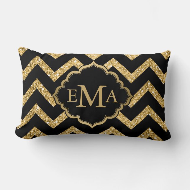 Gold Glitter And Black Chevron Lumbar Cushion (Front)