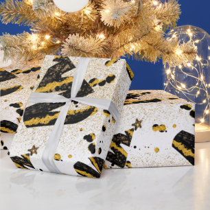 Gold Glitter and Black Christmas Tree Pattern Wrapping Paper