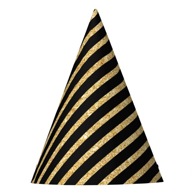 Gold Glitter and Black Diagonal Stripes Pattern Party Hat (Front)