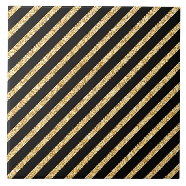 Gold Glitter and Black Diagonal Stripes Pattern Tile (Front)