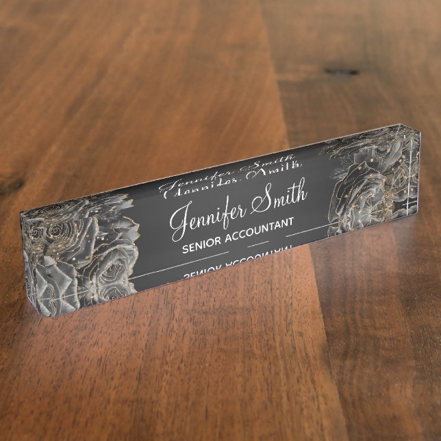 Gold Glitter and Black Glam Roses Nameplate (Side)