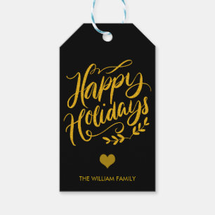 Gold Glitter and Black Happy Holidays Custom Gift Tags