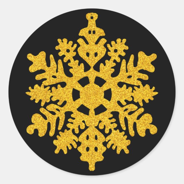 Gold Glitter and Black Snowflakes Holiday Classic Round Sticker (Front)