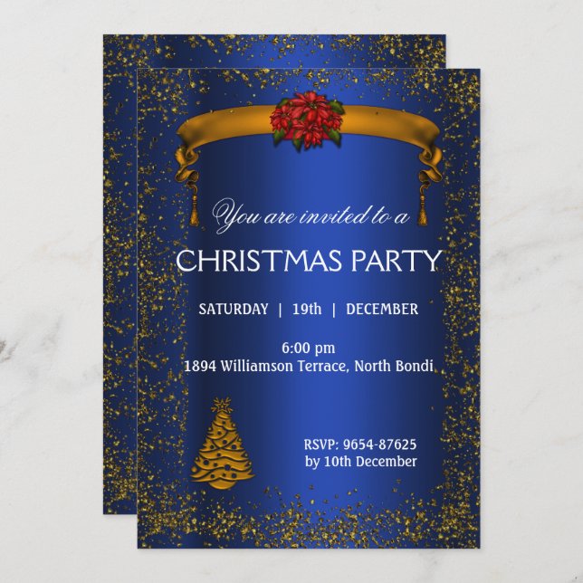 Gold Glitter and Blue Christmas Invitation (Front/Back)