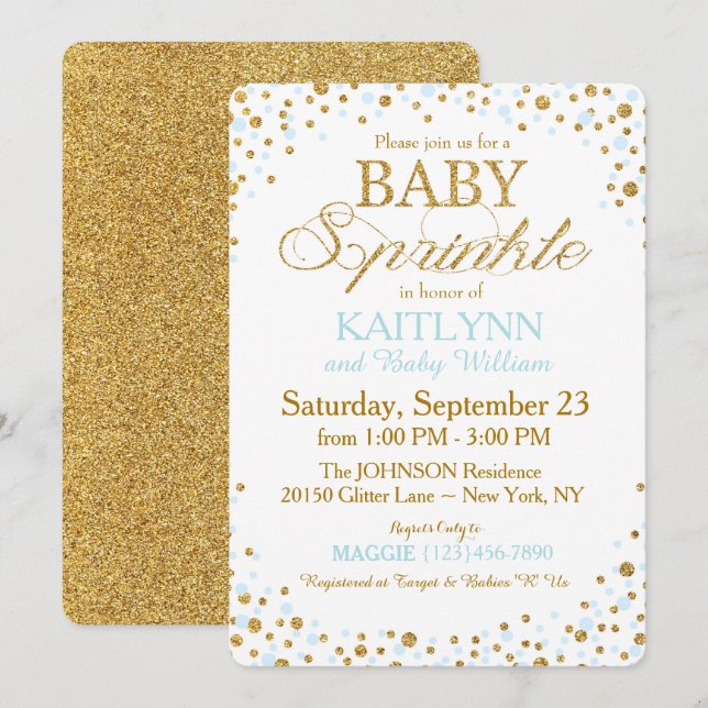 Gold Glitter and Blue Sprinkle Baby Shower Invitation (Front/Back)