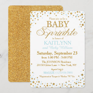 Gold Glitter and Blue Sprinkle Baby Shower Invitation