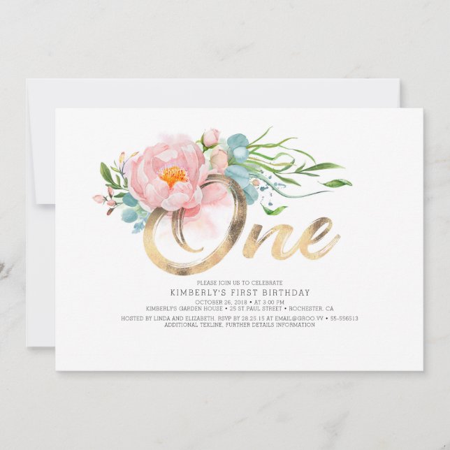 Gold Glitter and Blush Pink Flowers 1st Birthday Invitation (Front)