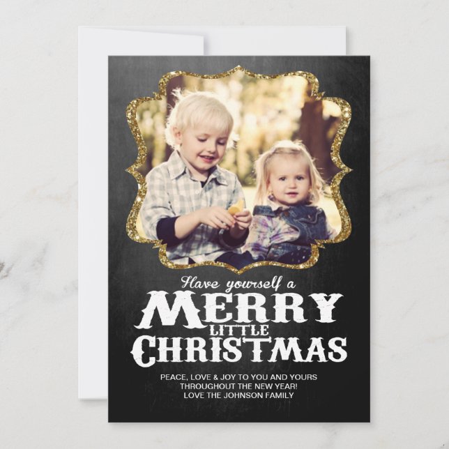 Gold Glitter and Chalkboard Christmas Photo card (Front)