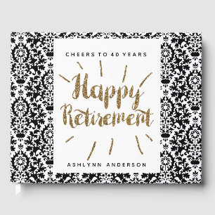 Gold Glitter and Damask Happy Retirement Guest Book
