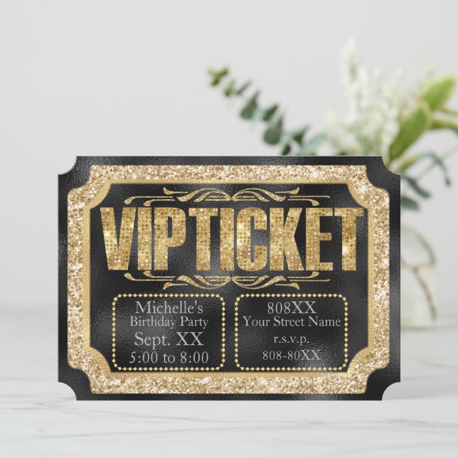 Gold Glitter and Diamonds on Black Golden Ticket Invitation (Standing Front)