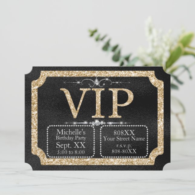 Gold Glitter and Diamonds on Black VIP Ticket Invitation (Standing Front)