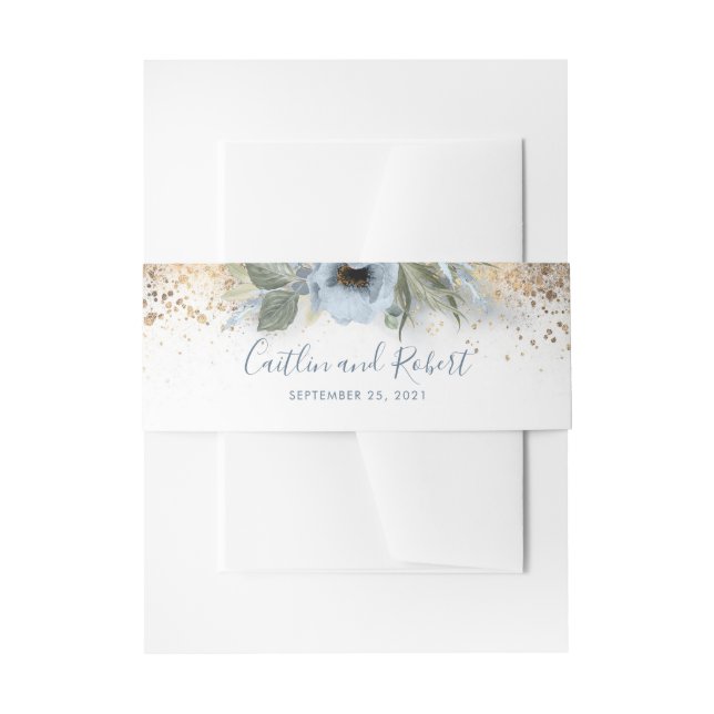 Gold Glitter and Dusty Blue Floral Wedding Invitation Belly Band (Front Example)