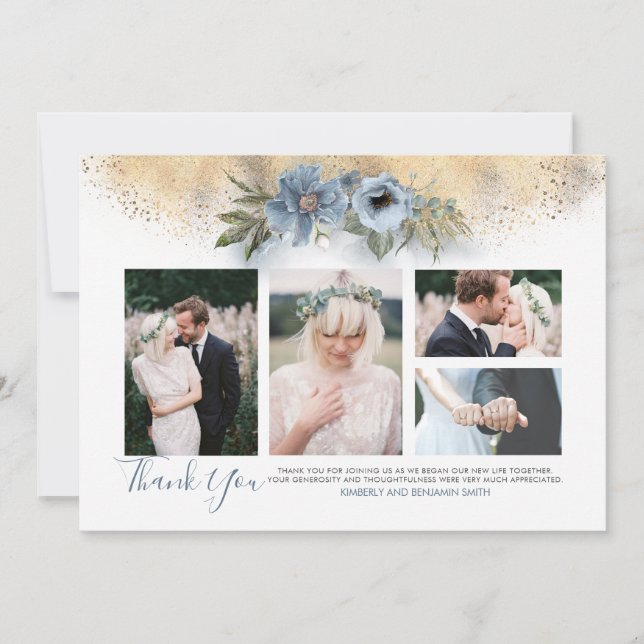 Gold Glitter and Dusty Blue Wedding Photos Card (Front)