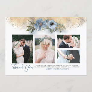Gold Glitter and Dusty Blue Wedding Photos Card