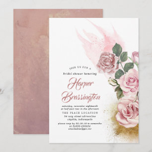 Gold Glitter and Dusty Rose Floral Bridal Shower Invitation