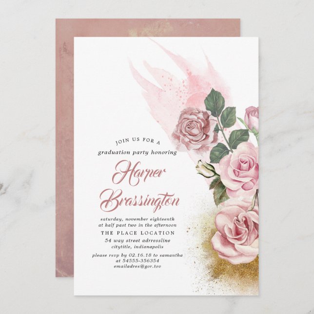 Gold Glitter and Dusty Rose Floral Graduation Invitation (Front/Back)