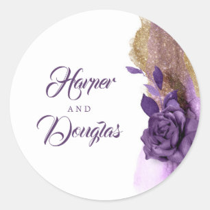 Gold Glitter and Eggplant Purple Wedding Classic Round Sticker