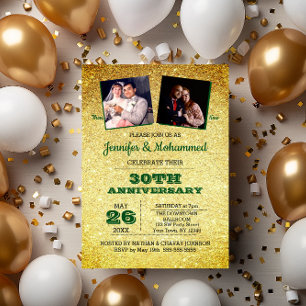Gold Glitter and Emerald 30th Anniversary Photo Invitation