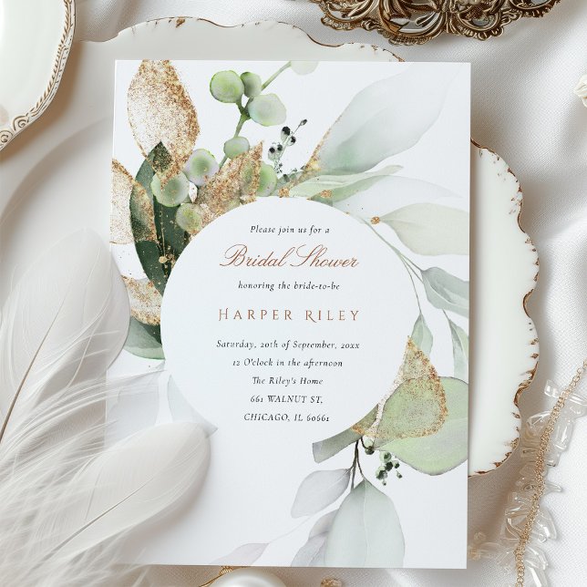 Gold Glitter and Eucalyptus Bridal Shower Invitation (Creator Uploaded)