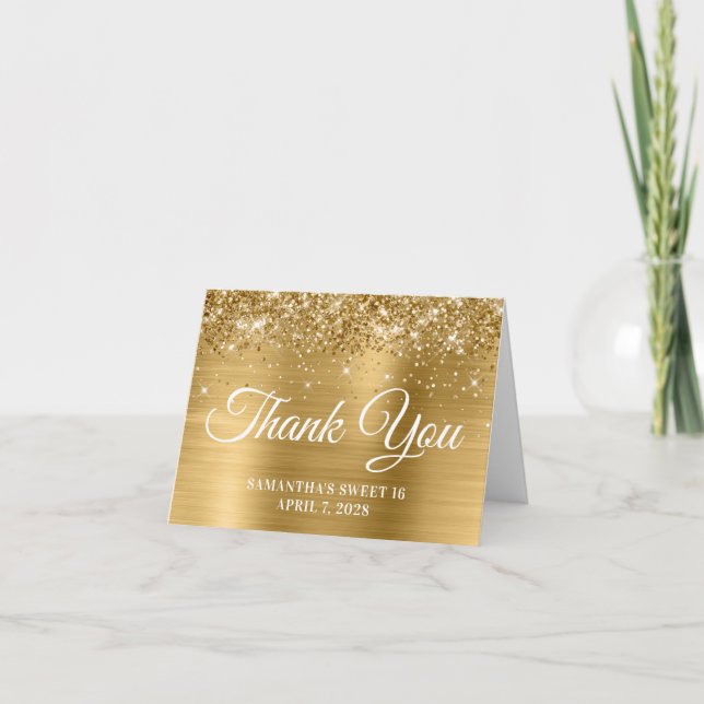 Gold Glitter and Foil Sweet 16 Thank You Card (Front)