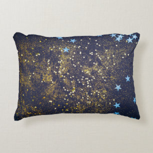 Gold glitter and glittering blue stars on black ba decorative cushion