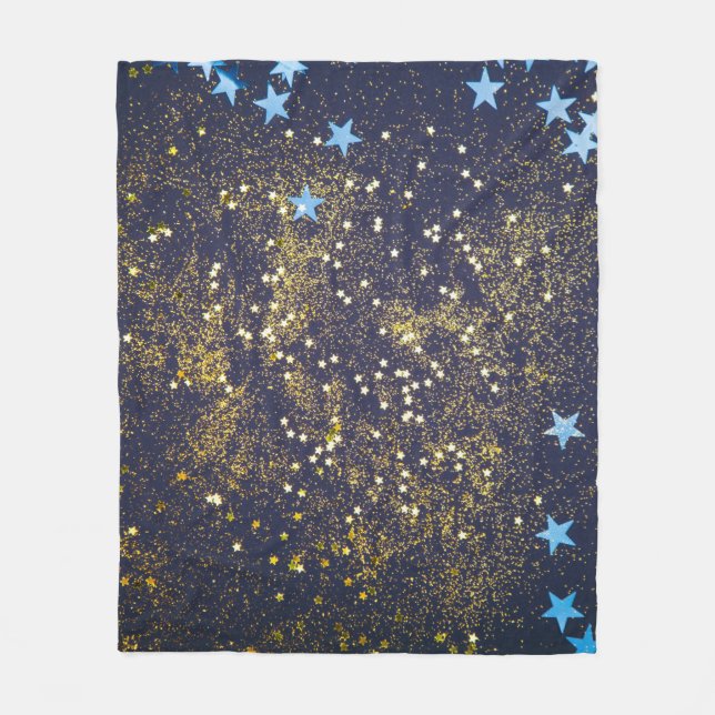 Gold glitter and glittering blue stars on black ba fleece blanket (Front)