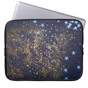 Gold glitter and glittering blue stars on black ba laptop sleeve