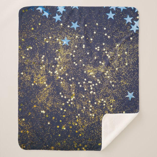 Gold glitter and glittering blue stars on black ba sherpa blanket (Front)