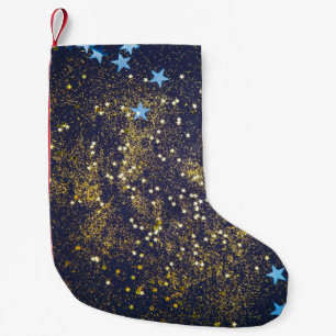 Gold glitter and glittering blue stars on black ba small christmas stocking