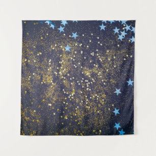 Gold glitter and glittering blue stars on black ba tapestry