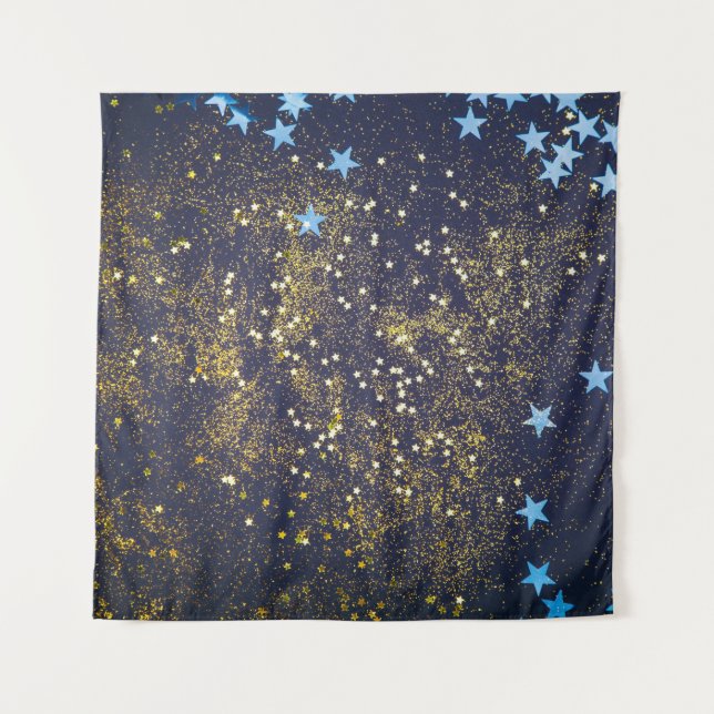 Gold glitter and glittering blue stars on black ba tapestry (Front)