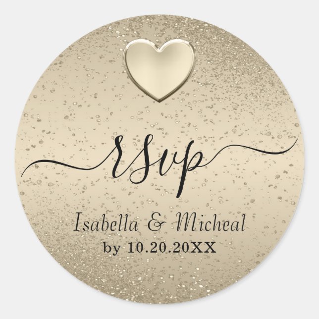 Gold Glitter and Gold Heart - RSVP  Classic Round Sticker (Front)