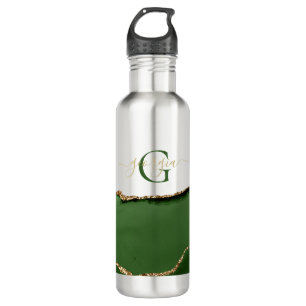 Gold Glitter and Green Agate Monogram 710 Ml Water Bottle