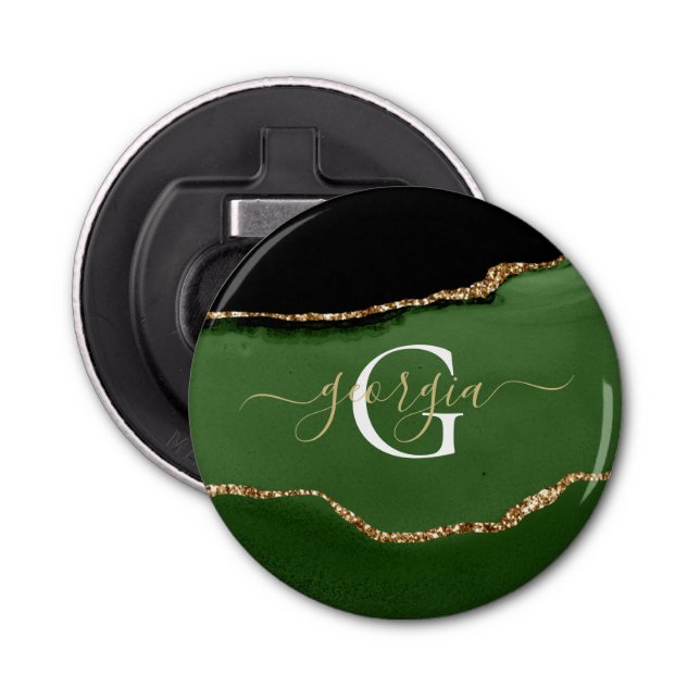 Gold Glitter and Green Agate Monogram Bottle Opener (Front)