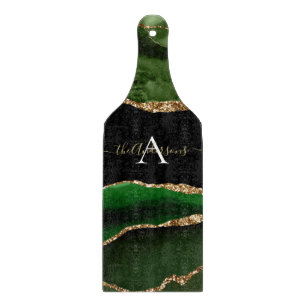Gold Glitter and Green Agate Monogram Cutting Board