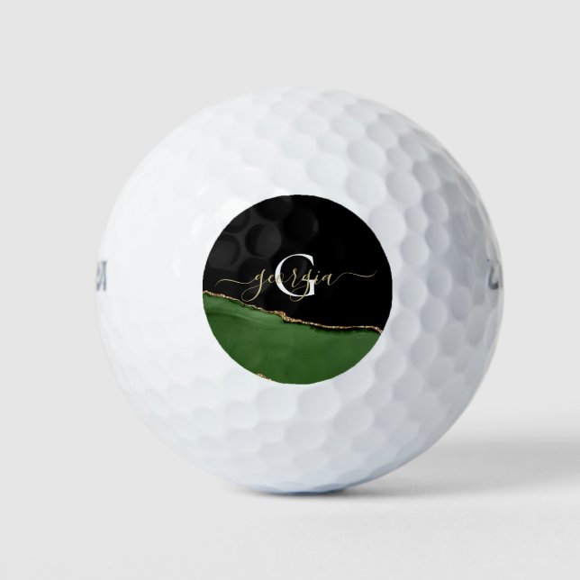 Gold Glitter and Green Agate Monogram Golf Balls (Front)