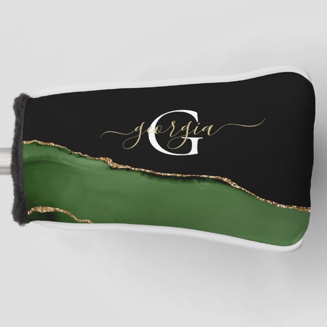 Gold Glitter and Green Agate Monogram Golf Head Cover (Front)