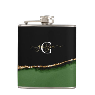 Gold Glitter and Green Agate Monogram Hip Flask