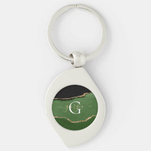 Gold Glitter and Green Agate Monogram Key Ring