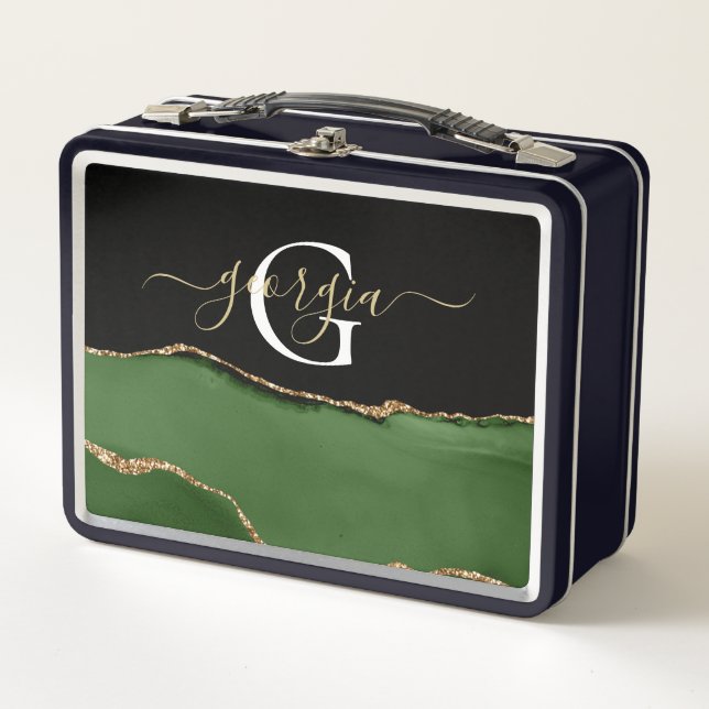 Gold Glitter and Green Agate Monogram Metal Lunch Box (Front)