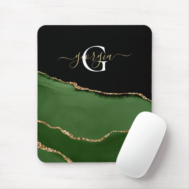 Gold Glitter and Green Agate Monogram Mouse Mat (With Mouse)