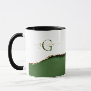 Gold Glitter and Green Agate Monogram Name Mug