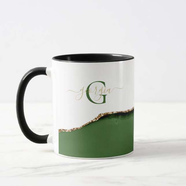 Gold Glitter and Green Agate Monogram Name Mug (Left)
