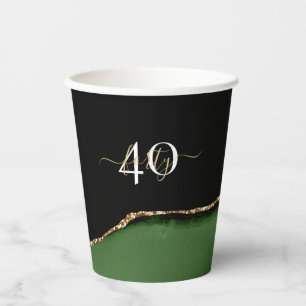 Gold Glitter and Green Agate Monogram Paper Cups