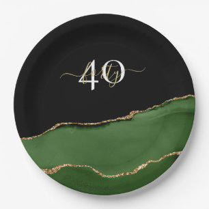 Gold Glitter and Green Agate Monogram Paper Plate