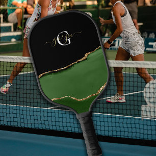 Gold Glitter and Green Agate Monogram Pickleball Paddle